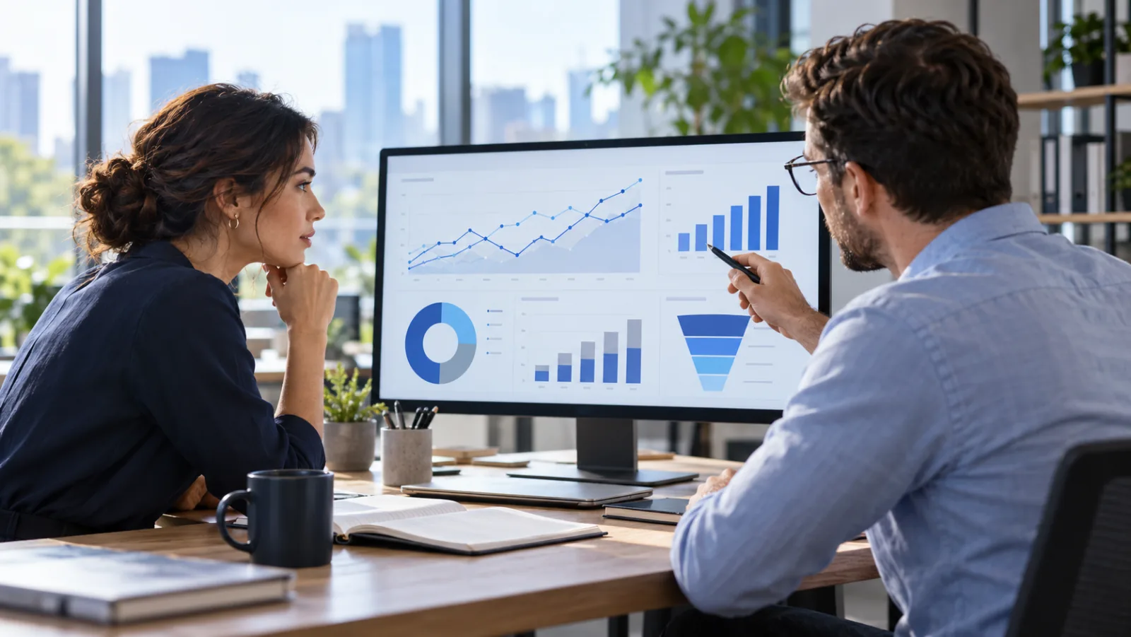 Campaign analysts reviewing acquisition charts and a conversion funnel