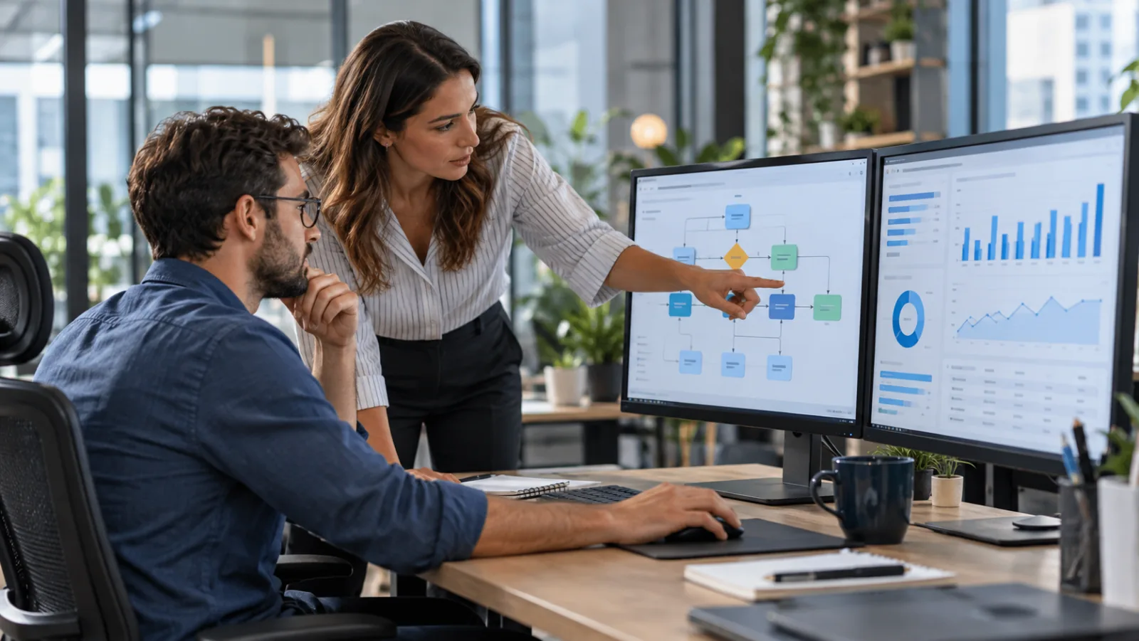 Operations manager and developer reviewing a workflow diagram and business dashboard